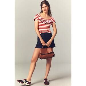 Anthropologie Maeve Embroidered Flowers Scoop-Neck Tee Top Red Stripe XS NWT $88